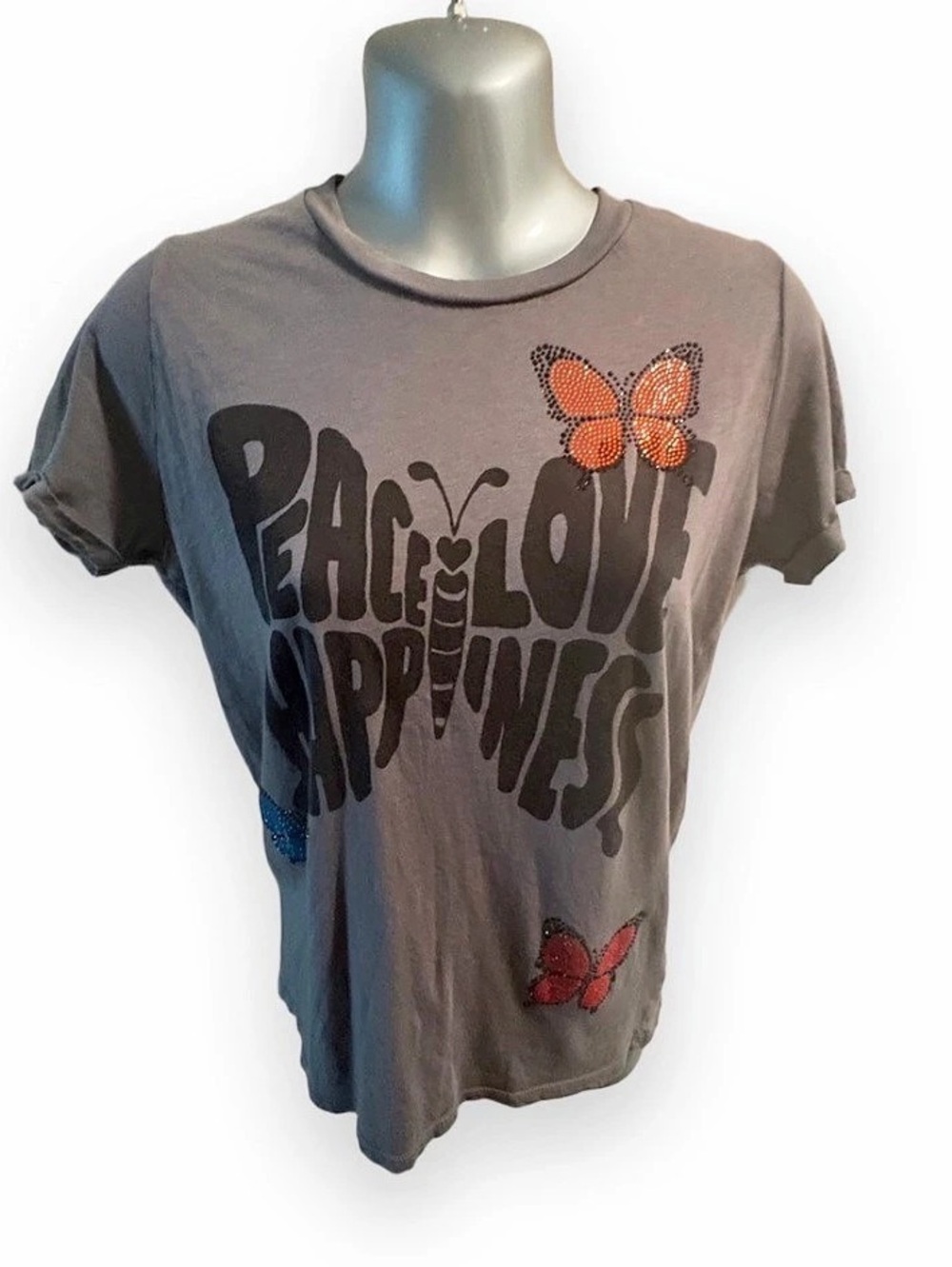Lauren Moshi Edda Crystal Love Butterfly Top Graphic Butterfly Tee XS Like New
